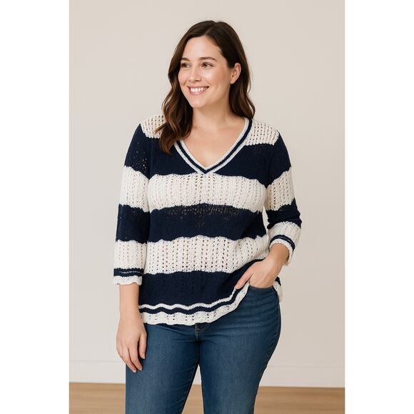 CJ Banks Plus Size X 14W Women’s Navy White Striped Crochet Tunic Sweater - Picture 1 of 9